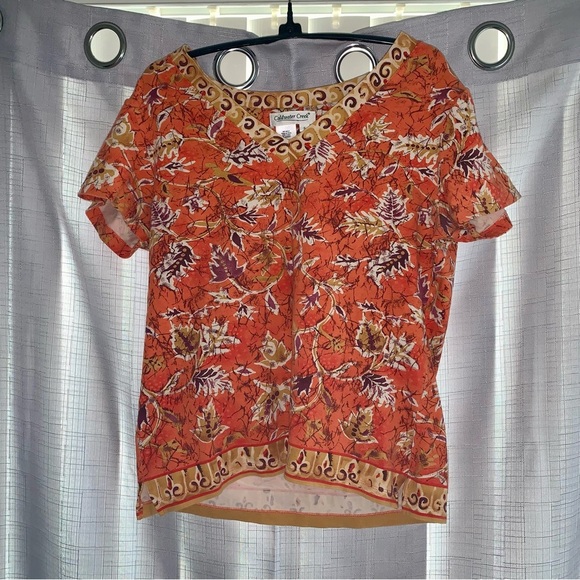 💧Coldwater Creek Orange & Yellow Autumn Inspired V-Neck Tee size Small - Picture 1 of 6